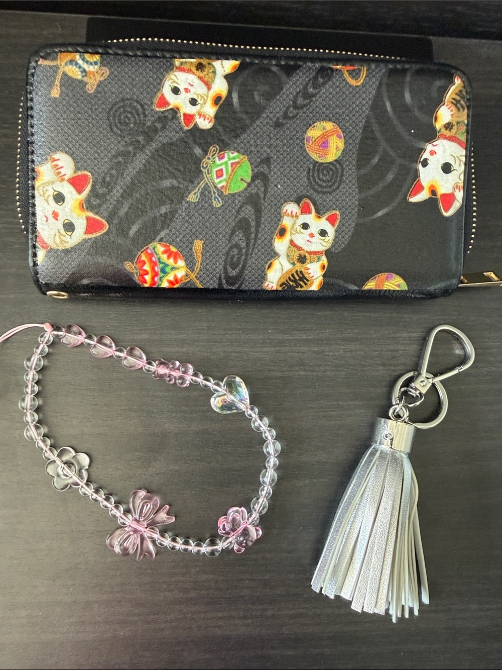 Bundle long wallet, cell phone wristband and key charm